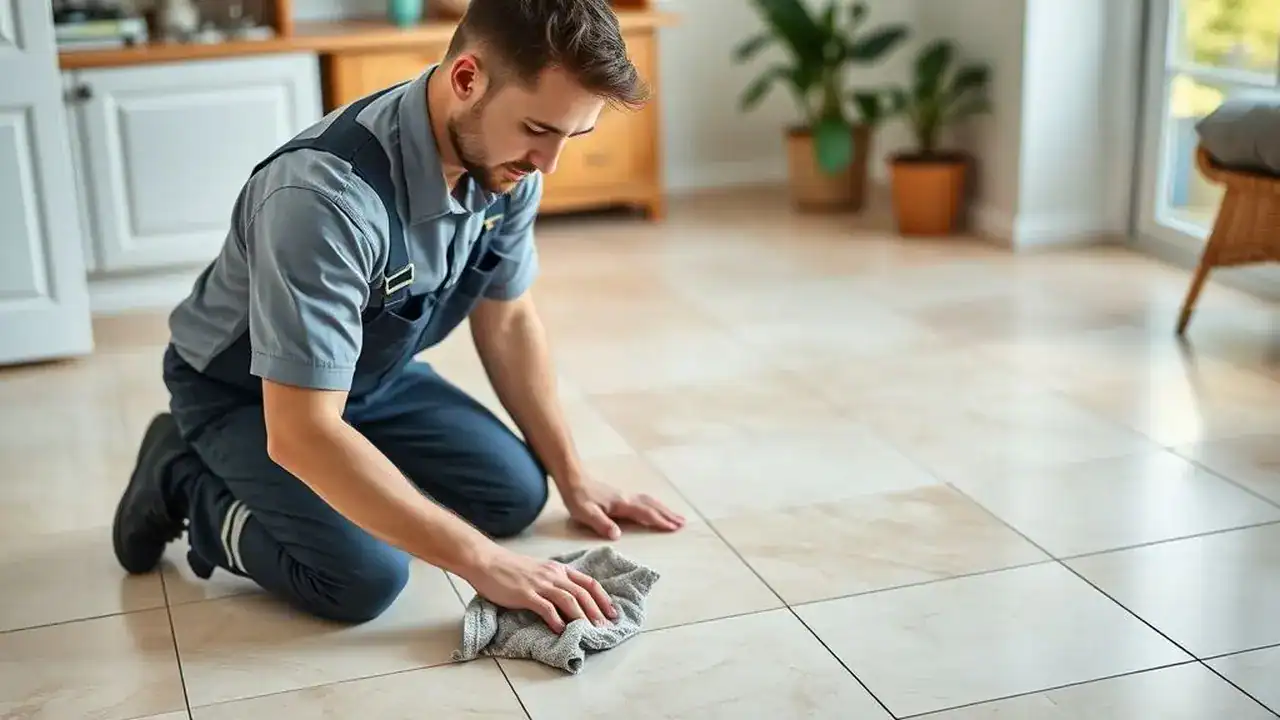 Technician inspecting ceramic tile and grout condition
