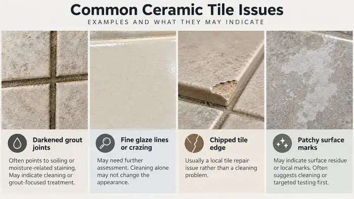 Comparison of grout staining, glaze crazing, chips and surface marks