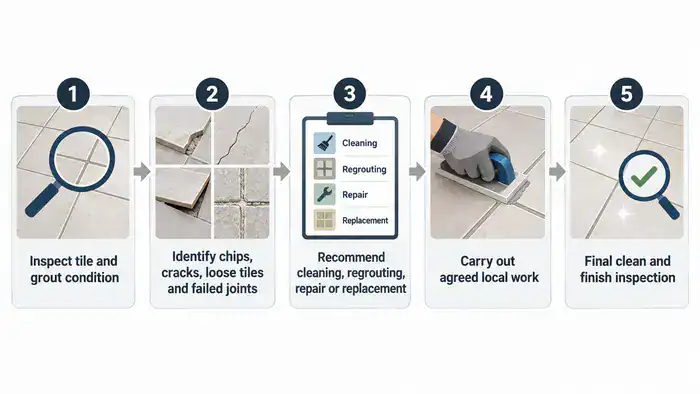 Ceramic tile repair assessment and restoration process
