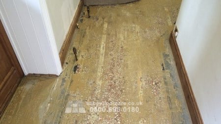 Terrazzo floor during restoration with cleaned and polished sections