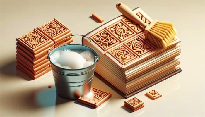 A guidebook on cleaning terracotta tiles, with cleaning supplies and gleaming tiles.