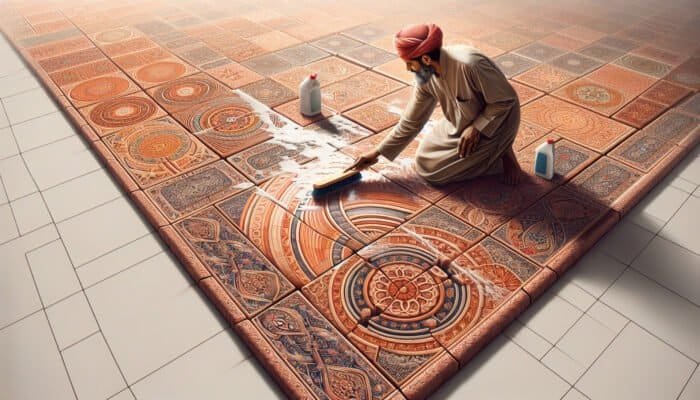 A person cleaning detailed terracotta tiles with a brush and solution, showcasing the tiles' vibrant colours and patterns.