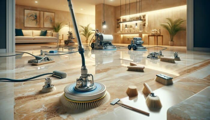 Close-up of travertine floor restoration process with tools, showing transformation from dull to glossy.