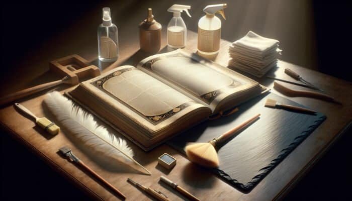 A guidebook on cleaning slate, open on a table with supplies and a slate being cleaned in natural light.