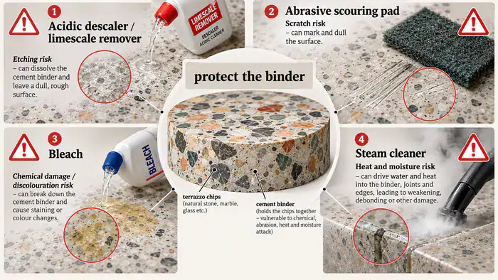 Warning graphic showing products and tools unsafe for terrazzo