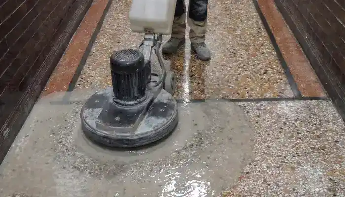 Terrazzo floor during progressive honing to refine the surface