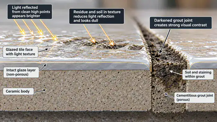 Textured ceramic tile retaining residue beside dark grout
