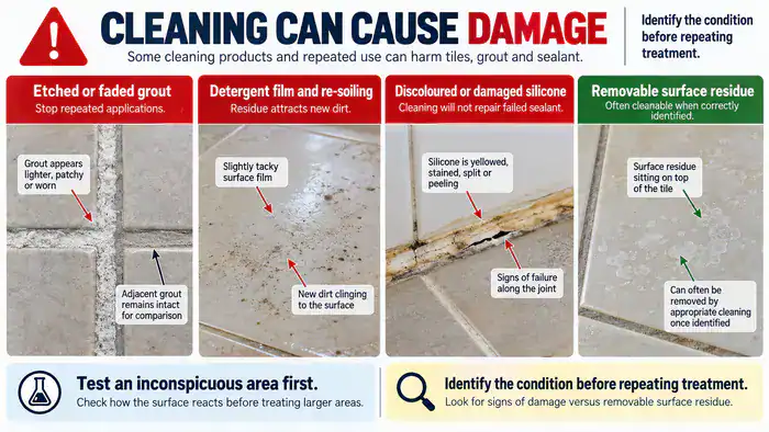 Warning signs of cleaner damage to grout and tile